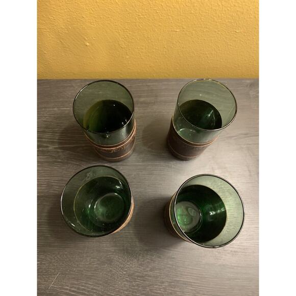 Vtg Green Whiskey Glasses With Leather Embossed Sleeve Lot Of Four - Picture 4 of 8